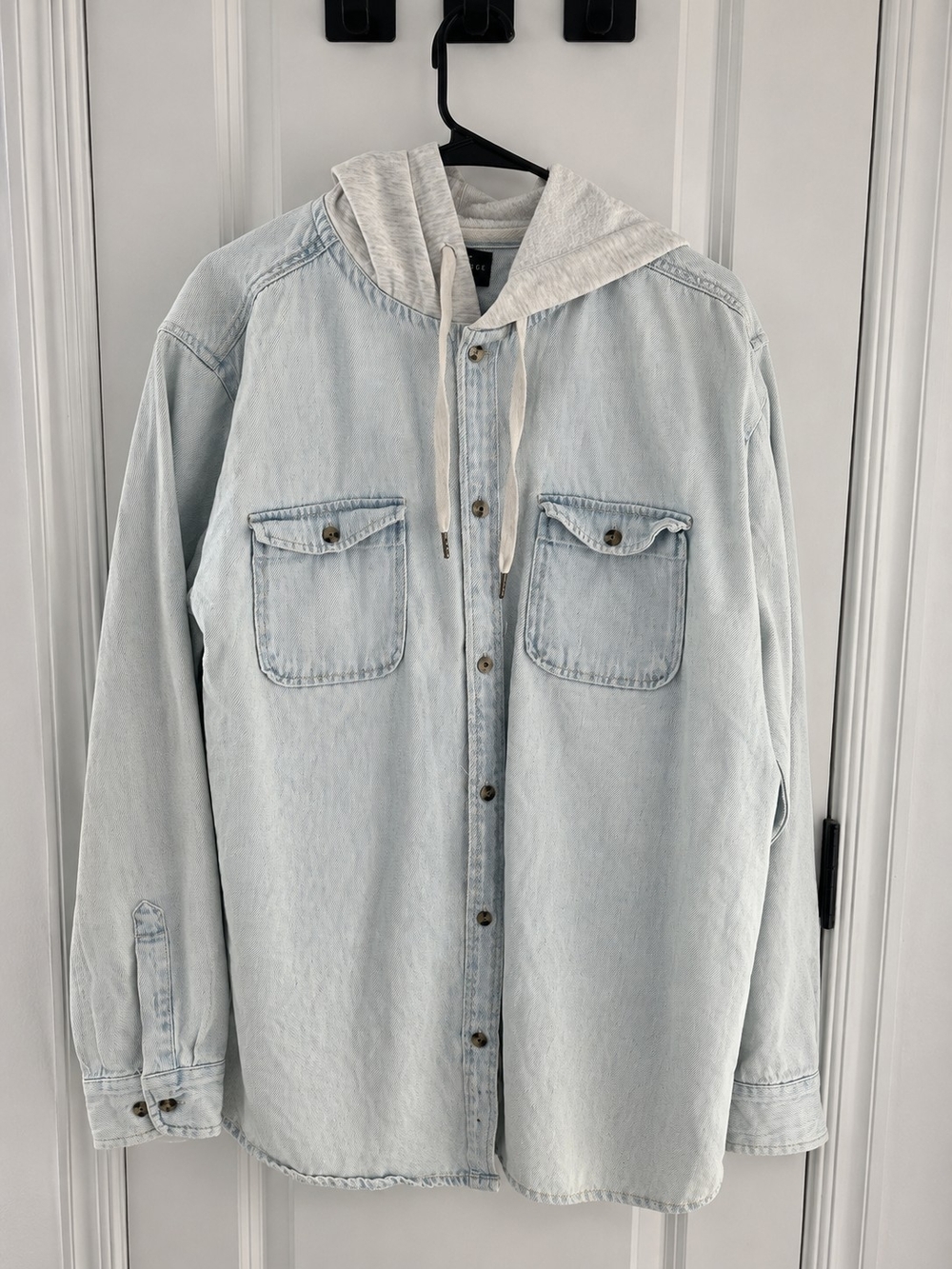 No Boundaries Light Blue Denim Shirt Jacket with Gray Hooded Liner